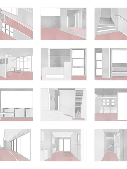 A duplicate of ID 77, this collection of sketches explores the different spaces within our office, from circulation areas to workspaces, as a series of interconnected volumes and surfaces.