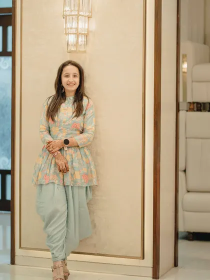A full view of my elegant and comfortable outfit for the ring ceremony.