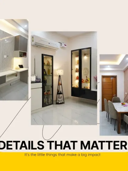 Details that matter. This image highlights the smaller yet impactful elements of a client's home, including a sleek study nook, elegant display cabinets, and a textured dining room wall.