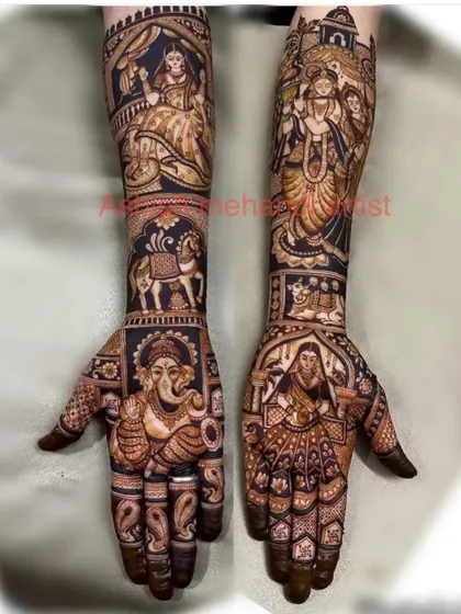 A divine bridal mehandi featuring a large portrait of Lord Ganesha on one palm and Goddess Lakshmi on the other, surrounded by wedding motifs.