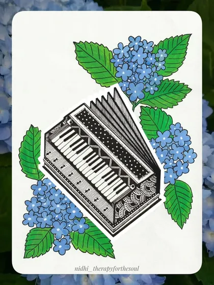 April: Hydrangea & Harmonium. The soft blue of hydrangeas complements the classic form of the harmonium.
