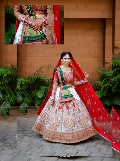 A stunning full-length portrait of the bride in her intricate white and red lehenga, with a close-up of her henna-adorned hands.