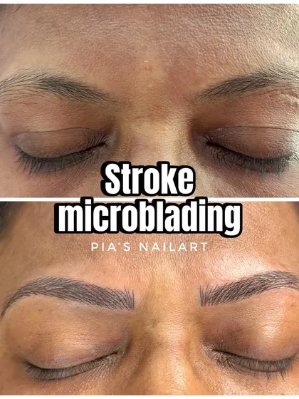 Frame your eyebrows with my special style of stroke microblading. This before and after shows how we can build a beautiful brow shape even if the natural brows are sparse or uneven. Come in for a free consultation to see what's possible.
