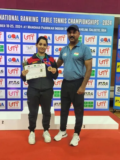 A proud moment for our academy as Deshna stands on the podium after clinching the bronze medal in the U-19 category at the National Ranking Table Tennis Championship in Goa.