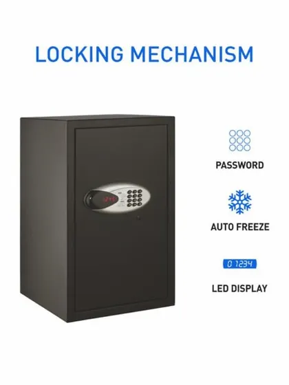 An infographic detailing the locking mechanism of the Safilo Digital-2, which includes password access, auto-freeze, and an LED display.