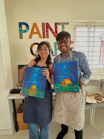 Looking for a unique date idea? Join our couples' painting session and create a beautiful two-part masterpiece together. It's a wonderful way to connect and make a lasting memory.