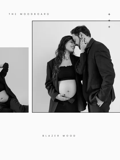 A moodboard of modern love. This collage showcases the chic, blazer-themed maternity shoot, blending style with heartfelt emotion.