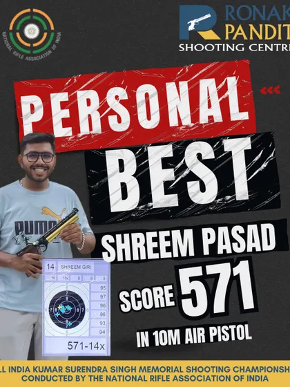 Another personal best alert. We congratulate Shreem Pasad for setting a new benchmark with a score of 571 in the 10m Air Pistol event at the All India Kumar Surendra Singh Memorial Shooting Championship.