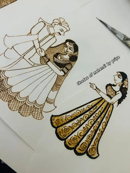 Examples of different bridal figures sketched on paper. We practice these figures extensively to get the proportions and details right.