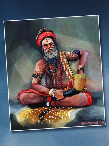 A powerful digital painting of a sadhu by artist Abhishek Kundu. The artwork uses a modern, geometric background to contrast with the traditional subject, blending different styles to create a compelling portrait.