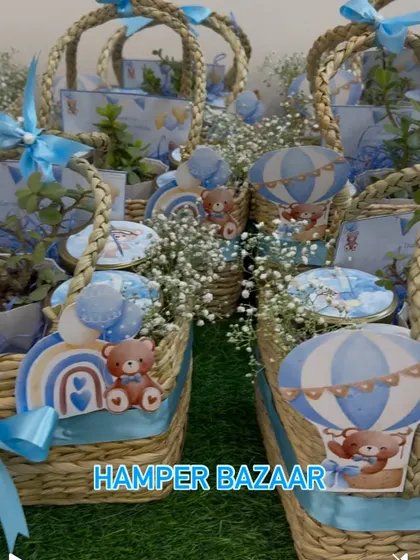Up, up, and away! These hot air balloon themed hampers with fresh baby's breath flowers were created for Ayansh's first birthday.