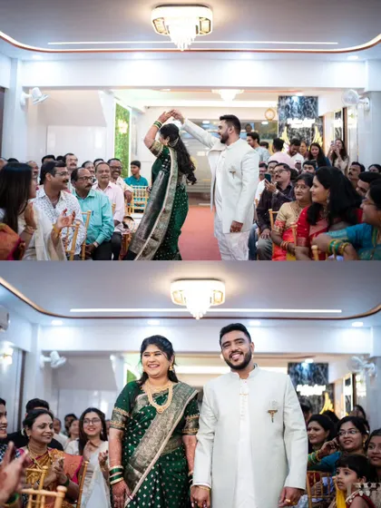A collage capturing the couple's grand entrance at their engagement party, surrounded by cheering family and friends. Their joy is palpable.
