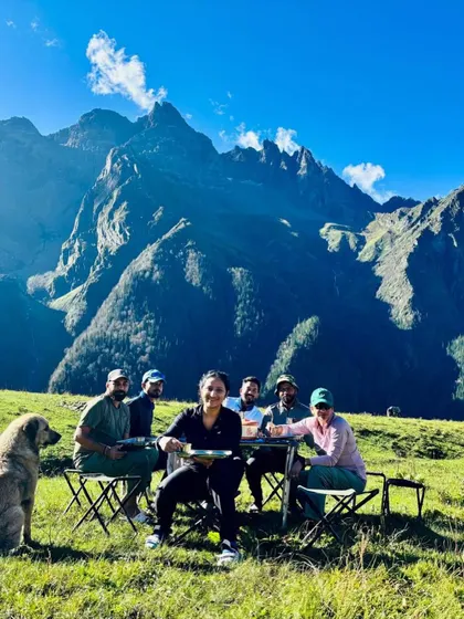 Lunch with a view on the Buran Ghati trek. We make sure you're well-fed with simple, hot meals even in the most remote locations.
