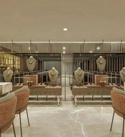 A render showing the private viewing section of the jewellery store. We used vertical fluted panels and focused lighting to create a more intimate and exclusive experience for customers.