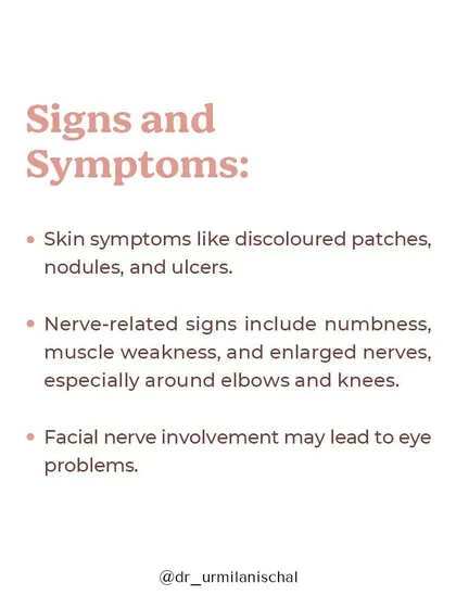 The signs and symptoms of leprosy include discolored skin patches, nodules, and ulcers. Nerve-related signs like numbness, muscle weakness, and enlarged nerves are also key indicators. Early recognition of these symptoms is vital for seeking timely medical care.