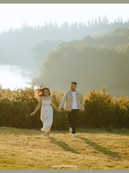 Running through a field with the sun setting behind them, this shot is full of life, energy, and happiness.
