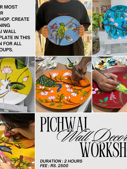 I offer specialized workshops in traditional Indian art forms, like this popular Pichwai wall decor session. Students learn the classic motifs and techniques to create a stunning piece to take home in just a few hours.