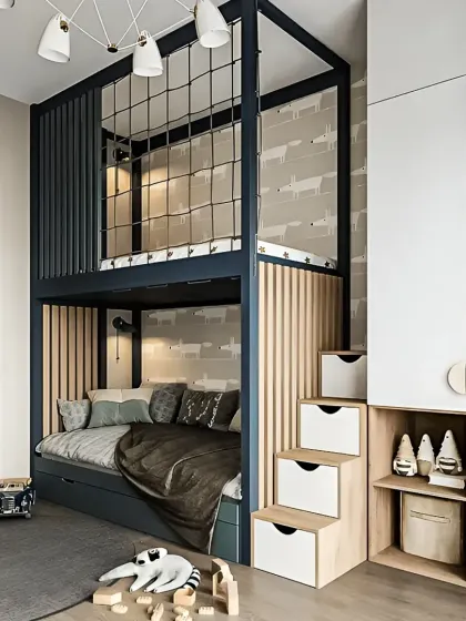 For this children's room, I created a space-saving bunk bed that doubles as a play fort. This custom design combines sleep and play, featuring a cozy lower bunk, a fun upper level with a safety net, and integrated stairs with built-in storage drawers.