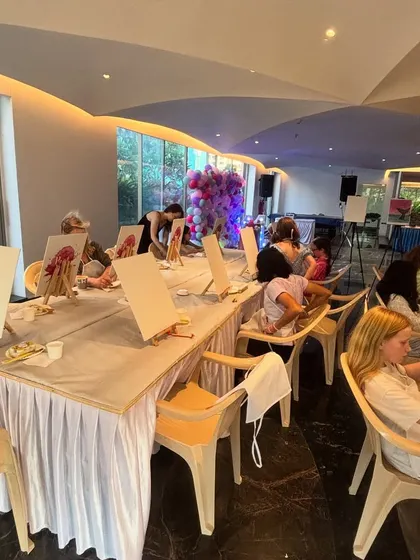 A birthday party setup at Perry Lane, Mumbai. We can turn any venue into a vibrant art studio for a creative and fun celebration.
