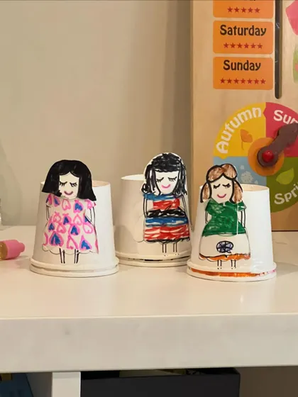 A lineup of our dress-changing dolls. The kids had so much fun designing different outfits for their paper cup characters.