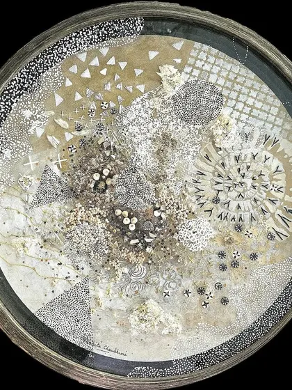 'Alchemical Circles' by Nandita Chaudhuri, one of the meditative circular discs featured in our 'On The Go' showcase in Hyderabad. Each piece is a microcosmic universe of meticulous detail.