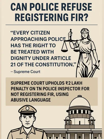 This graphic illustrates a landmark Supreme Court ruling that reinforces a citizen's right to file an FIR. The court imposed a penalty on a police inspector for refusing to register a complaint and using abusive language, affirming that dignity is a fundamental right.