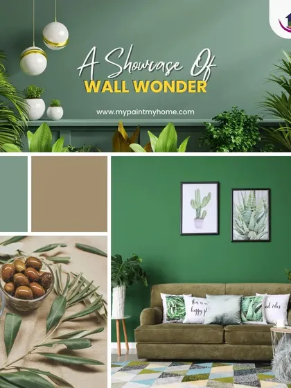 Finding the right color scheme is key. This collage shows how I draw inspiration from nature to create a calming and cohesive look, pairing a beautiful green wall with complementary colors and decor for a complete living room design.