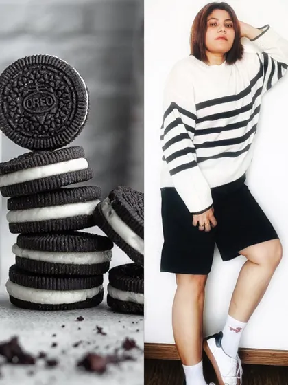 I love finding creative ways to connect brands with culture. This is an example of a conceptual 'Oreo-core' outfit, translating the classic black-and-white aesthetic of the cookie into a chic, monochrome K-style look.