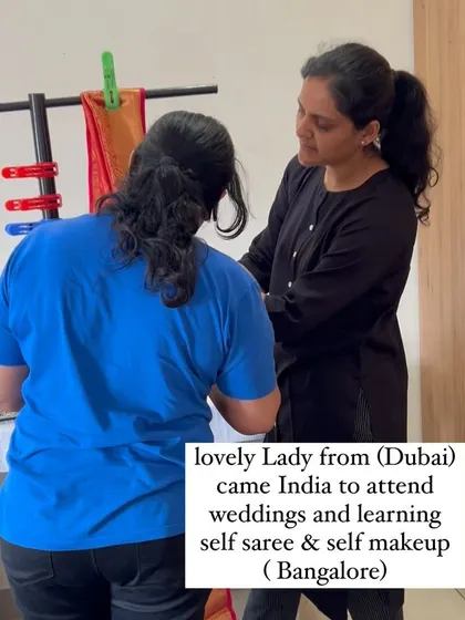 Another student from Dubai learning both skills in my Bangalore studio. I love helping women get ready for special family occasions with confidence.
