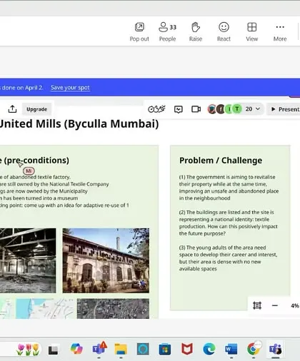 A student group presents their proposal for the India United Mills site in Mumbai during our virtual workshop. This demonstrates how our programs tackle real-world urban challenges, encouraging students to develop practical solutions.