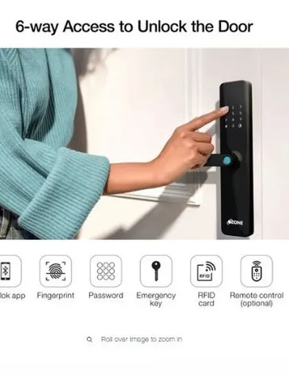 A user interacts with the IRIS-11 smart lock's keypad. This model offers six access methods, including the Ozolok app, fingerprint, password, emergency key, RFID card, and an optional remote control.