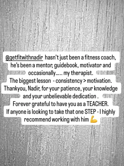 A powerful testimonial where a client calls me a mentor, guidebook, and therapist, highlighting the lesson of "consistency > motivation." This is the core of my philosophy.