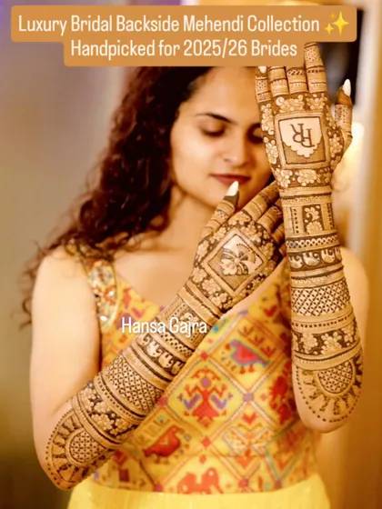 A stunning back-of-hand design featuring personalized initials. This is a great way to add a meaningful touch to your bridal mehendi while keeping the look classic.