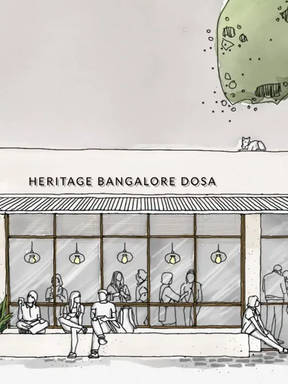 A facade sketch focusing on the large windows and outdoor seating, designed to create a porous boundary between the restaurant and the street, inviting the community in.