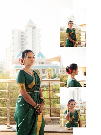 A collage of the bride, Mayuri, in her stunning green Paithani saree, posing on a balcony with the city in the background.