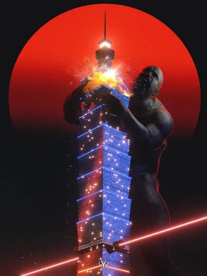 My take on a "Titan," inspired by classic anime like Akira. I designed this giant, muscular figure to be overwhelming in scale, shown here destroying a skyscraper against a blood-red sun.