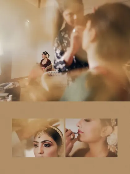 A collage of behind-the-scenes moments of the bride getting ready, capturing the process of her transformation.