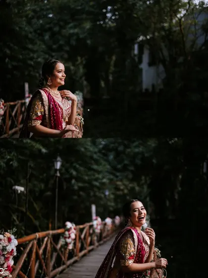 Candid portraits of the bride on a rustic wooden bridge, capturing her natural laughter and joy during her Mehendi day.