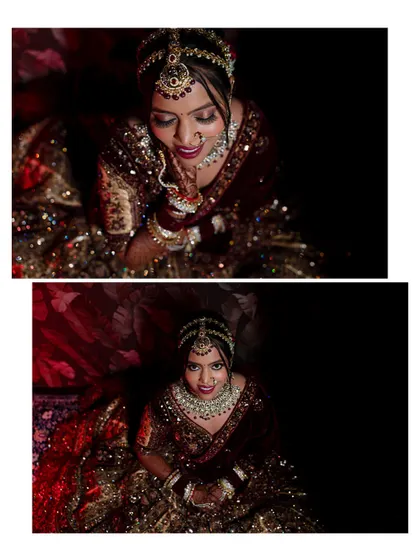A two-panel image showing the bride from a high angle, looking down thoughtfully and then smiling at the camera. This shows different facets of her personality.