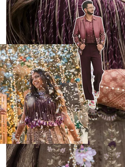 A creative collage highlighting the details of the couple's outfits and the joyous atmosphere of their Phoolon Ki Holi.