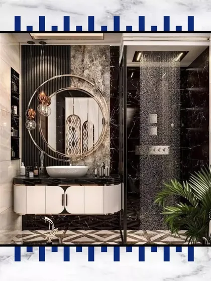 Practice your poses in front of this stunning mirror. This bathroom design is all about making a statement, with a large, ornate mirror and a rainfall shower.