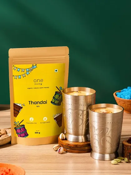 A styled shot for One Living's Thandai mix. We created a festive scene with traditional glasses, nuts, and colorful gulal to evoke the spirit of Holi.