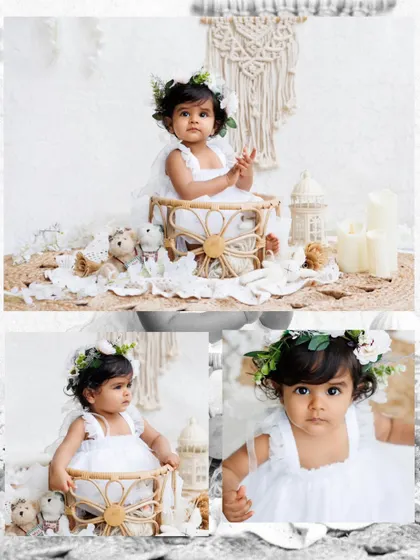 A collage of a baby girl in an angelic, all-white boho setup, showing different poses and her sweet expressions.