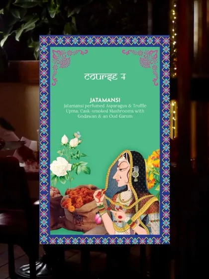 The menu card for "Jatamansi," our fifth course, featuring perfumed asparagus and truffle upma. The artwork depicts the ancient art of perfumery.