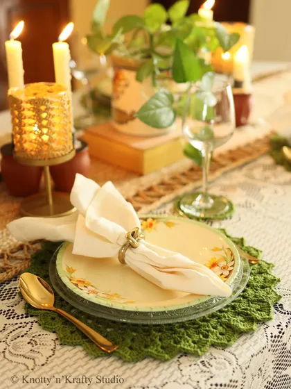 Family, friends, and cozy meals. This festive tablescape is brought together with my olive green crochet placemats, adding a touch of natural colour and texture.