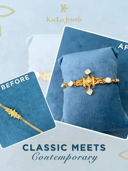 Classic meets contemporary in this bracelet transformation. A simple, traditional gold bracelet was upcycled with uncut diamonds and rubies for a modern, elegant twist.