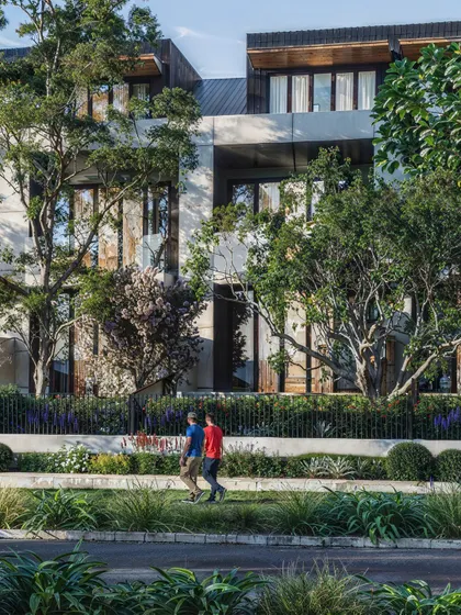 A rendering of a contemporary residential complex, viewed from across the street. The image emphasizes the lush, mature trees and landscaping that frame the buildings.