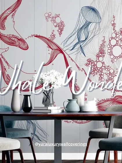 This version of the whale mural uses red and blue line art, creating a playful yet stylish design suitable for a dining area or creative space.