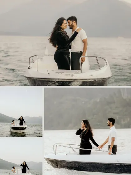 A collage showing the couple enjoying their private boat ride, creating a story of a romantic escape on the water.