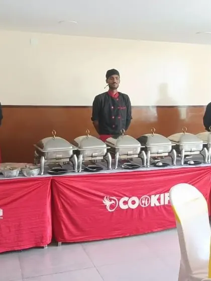 Our professional staff and chafing dishes set up for a private party. We bring the restaurant experience to your home.
